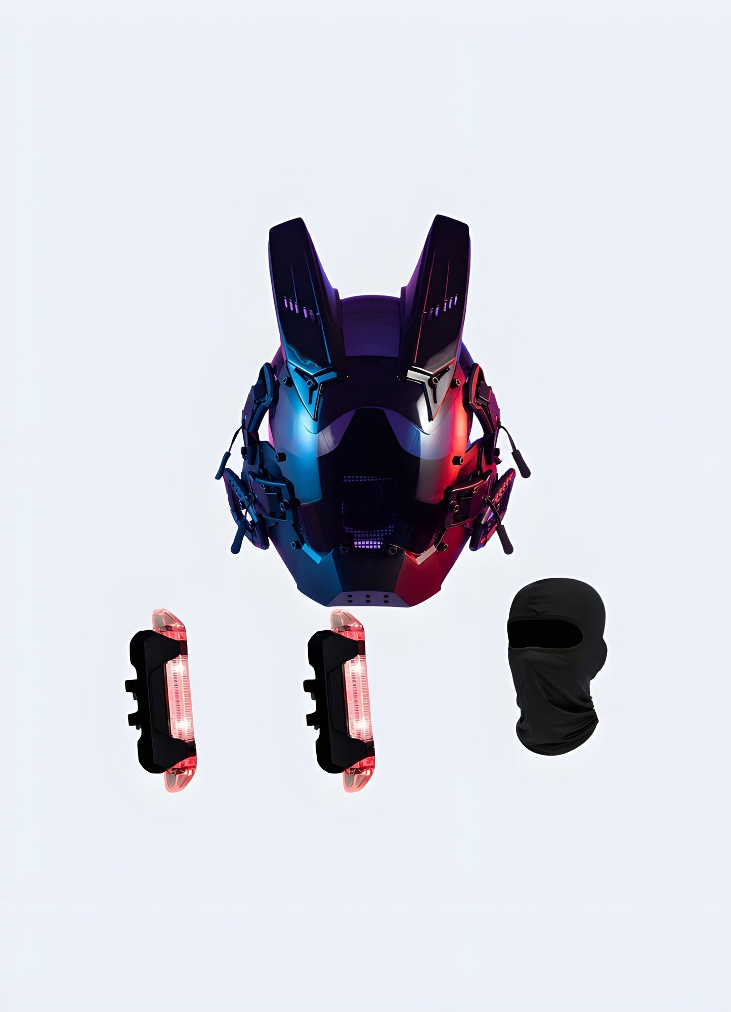 Sci-fi masks in front view, highlighting intricate details and advanced aesthetics, available for techwear fans Canada.