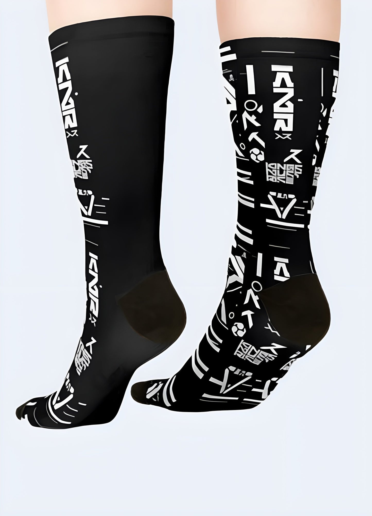 Back and side view of a model wearing sci-fi themed socks, displaying the intricate details and innovative style that captivates Canada audiences.