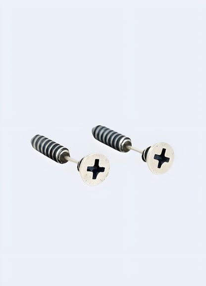 Screw earrings shown from the front view, featuring a unique design that mimics the look of a screw, adding a bold, industrial touch to the accessory.