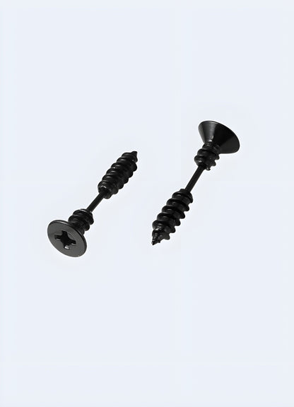 Front and back views of a screw shaped techwear earring from the Canada, showcasing its modern industrial design.