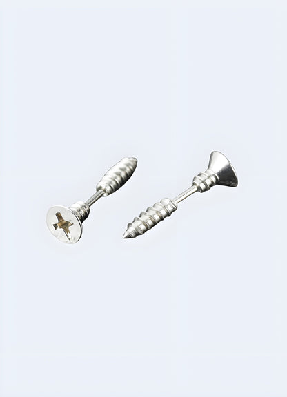 Front and back views of a grey screw-shaped techwear earring from the Canada, emphasizing its modern industrial design.