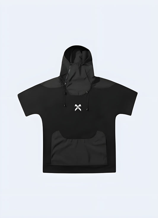 Short sleeve hooded techwear pullover designed for urban style in Canada. Features a modern and functional design.