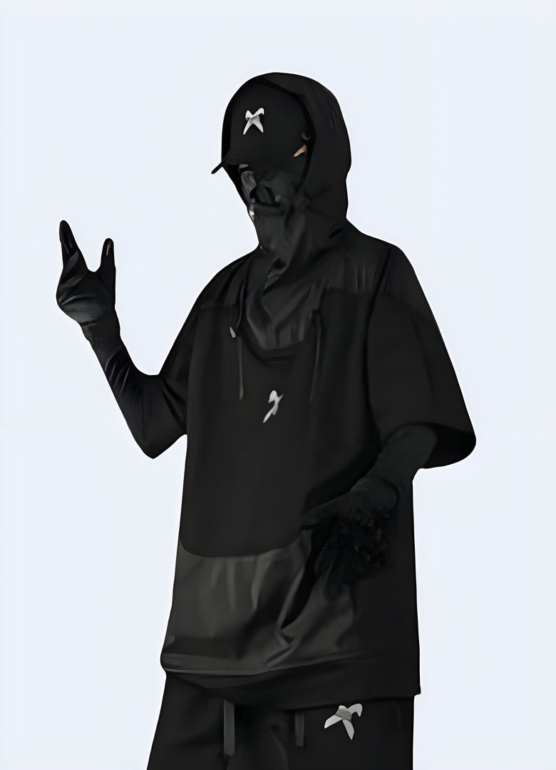 Front view of a short sleeve hooded techwear pullover, highlighting its contemporary look in Canada. Ideal for trendy, everyday wear.