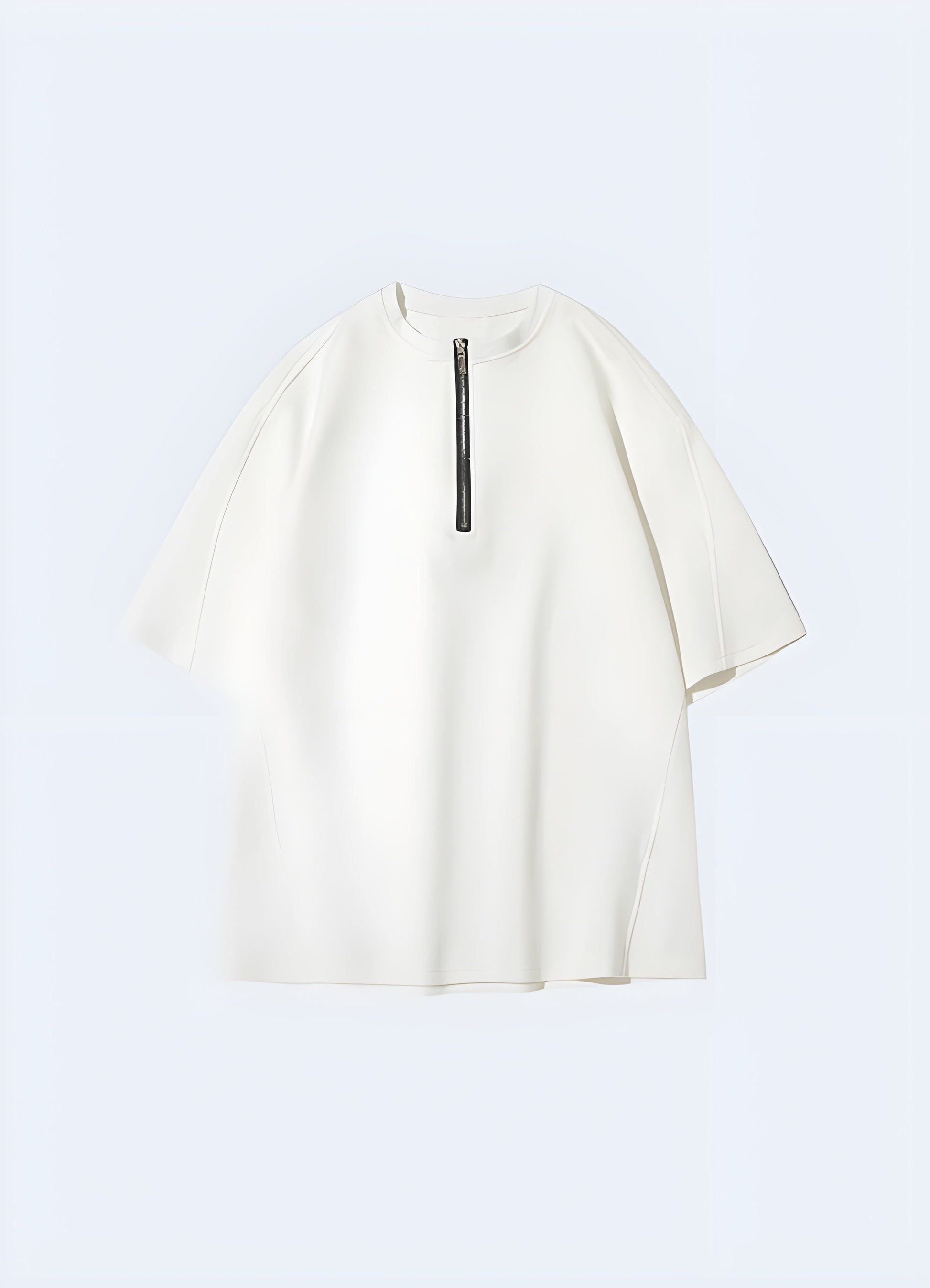 Front view of a white short sleeve zipper shirt, showcasing its clean design and functional zipper detail, ideal for modern and practical style in the canada.