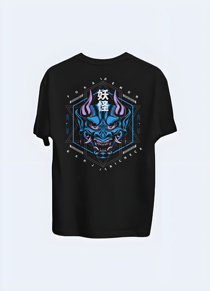 Front view of a sky blue t-shirt featuring a captivating oni demon illustration, perfect for fans of Japanese art and mythology in the canada.