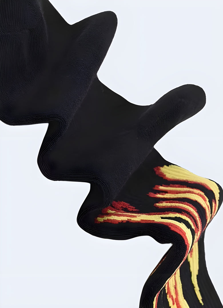 Black socks with flame design | Stylish streetwear socks featuring a bold flame pattern, perfect for adding an edgy touch to any outfit. Comfortable and durable, ideal for everyday wear.