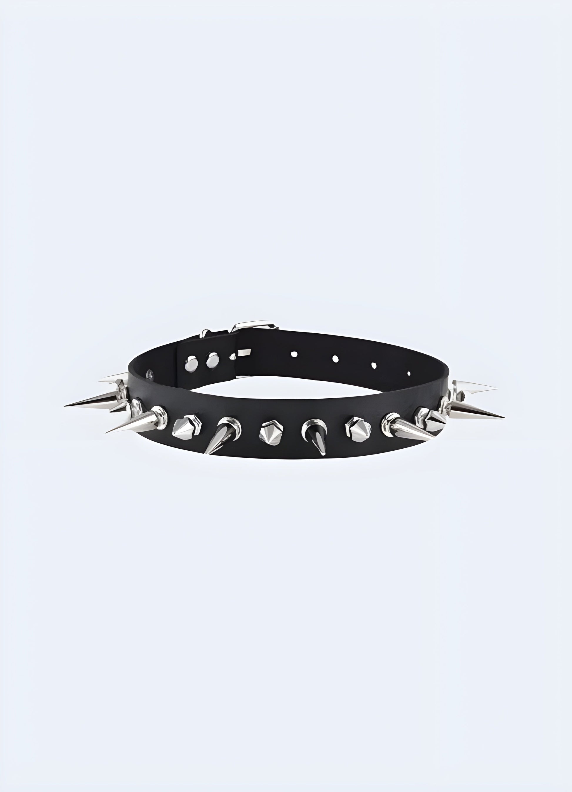 A striking front view of a spike choker necklace, showcasing its sharp, metallic spikes and sleek design, set against a plain backdrop for maximum impact Canada.