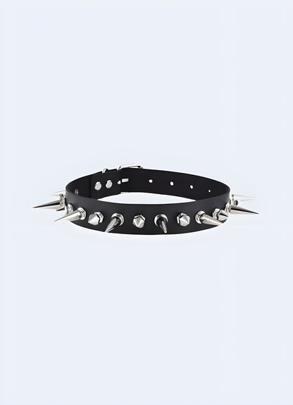 A striking front view of a spike choker necklace, showcasing its sharp, metallic spikes and sleek design, set against a plain backdrop for maximum impact Canada.