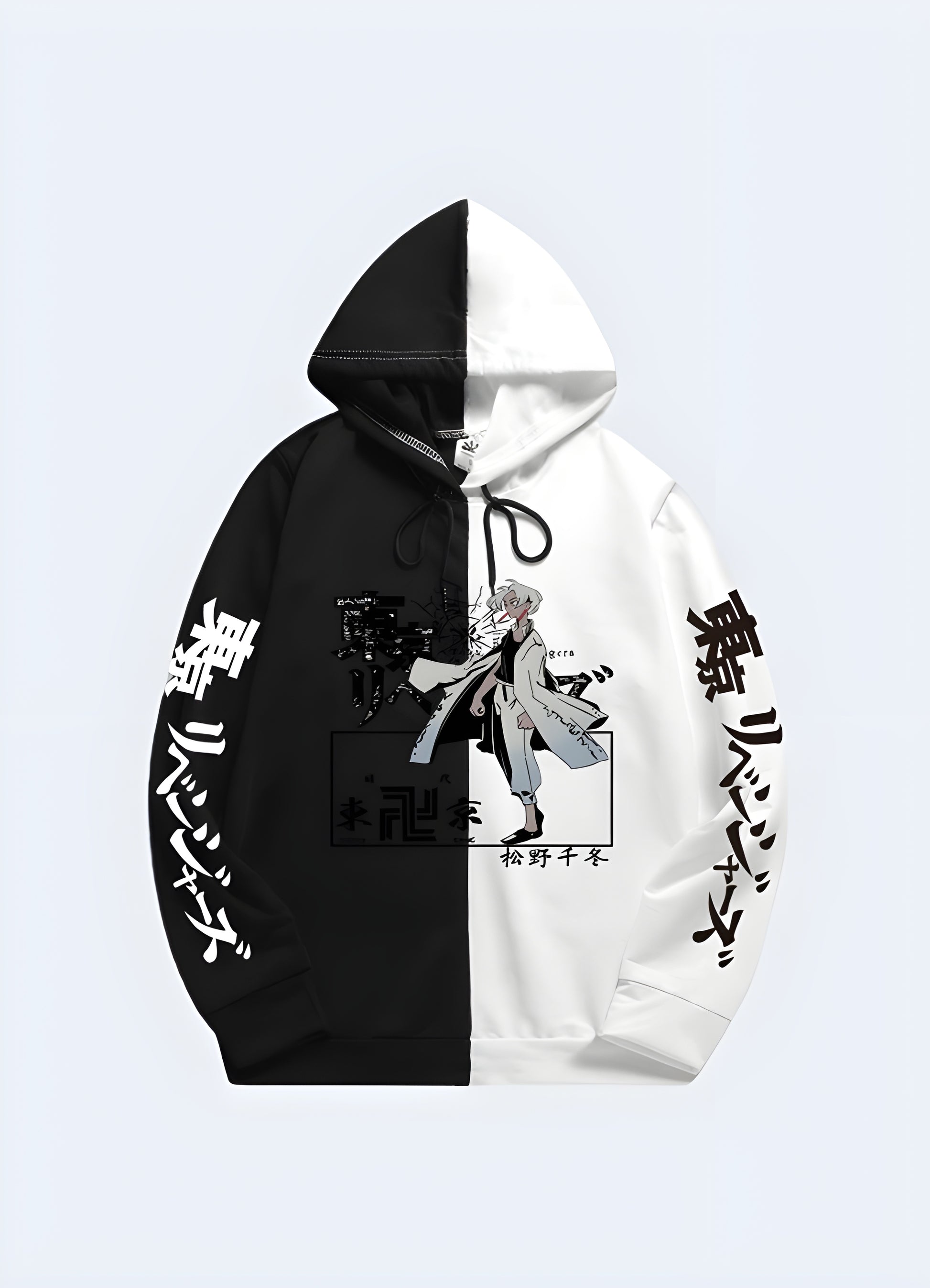 Front view of a split black and white hoodie featuring an anime character design on the white side.