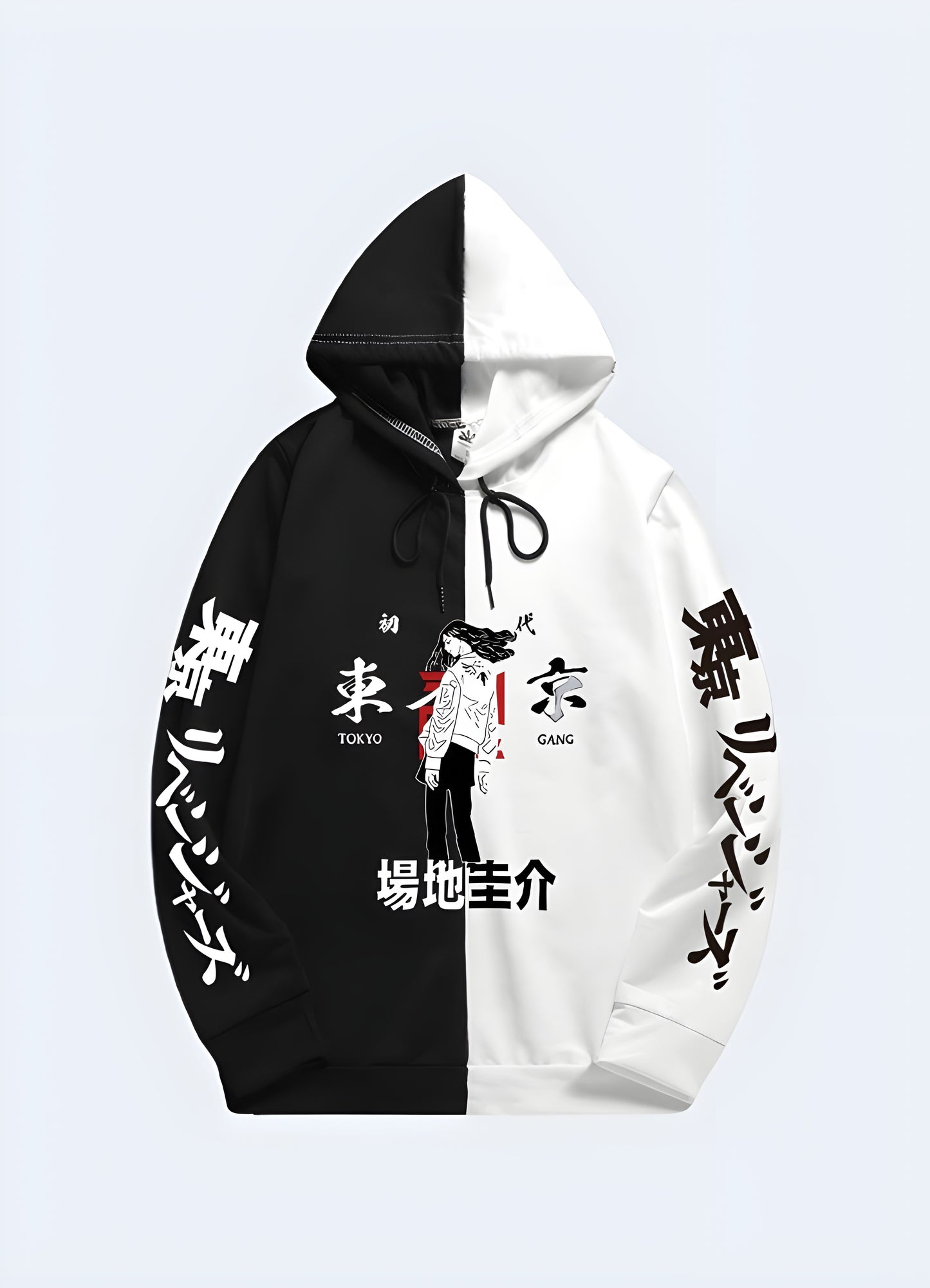 Front view of a person wearing a split black and white hoodie with a Japanese geisha design on the white portion.