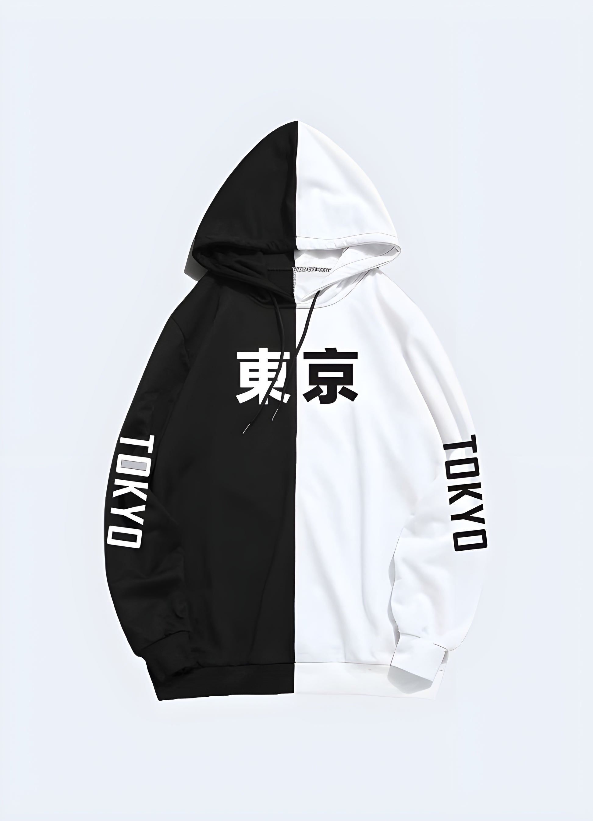 Front view of a split black and white hoodie with Japanese kanji characters on the white side.