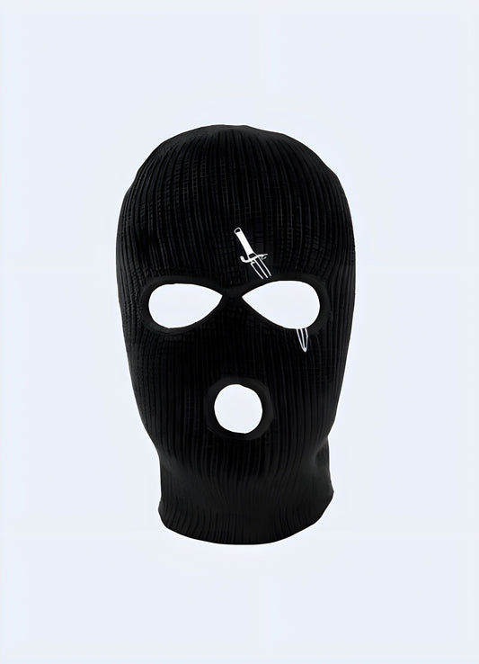 A stealth balaclava hood with a sword visible from the front view, showcasing the tactical and sleek design of both the hood and the weapon.