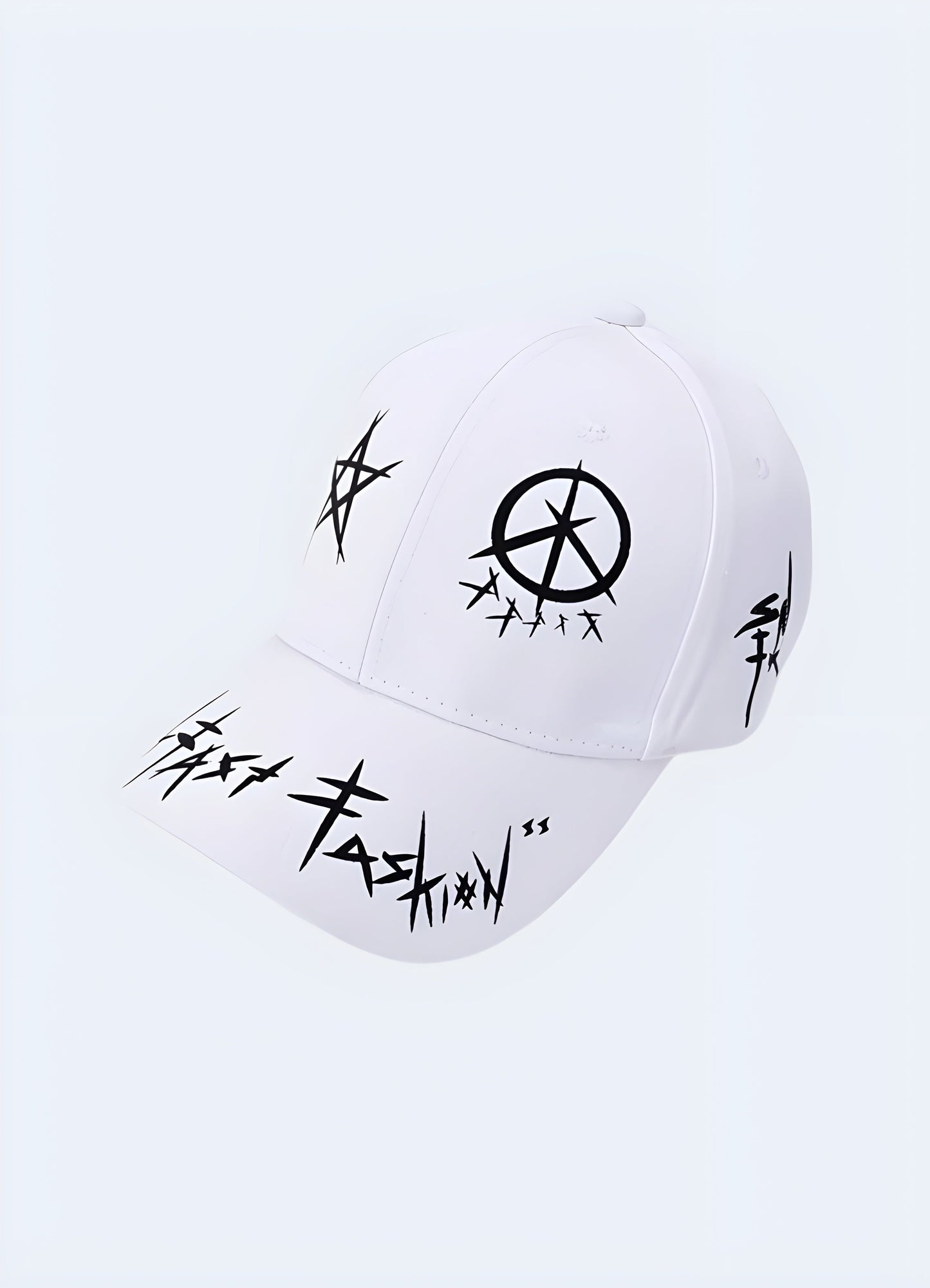 Black street goth cap with white accents, front view, UK. Bold and modern accessory for a goth-inspired look Canada.