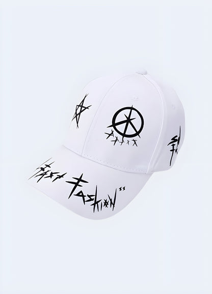 Black street goth cap with white accents, front view, UK. Bold and modern accessory for a goth-inspired look Canada.