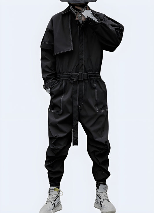 Futuristic streetwear cargo coverall with unique design elements, worn by a man in an urban Canadian environment, front view.