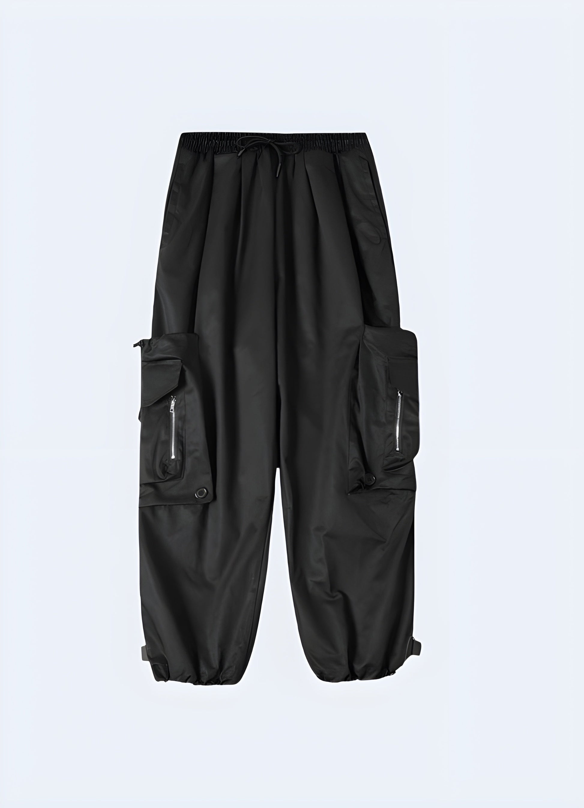 Front view of streetwear cargo pants showcasing a modern silhouette, utility-inspired details, and durable fabric, ideal for fashion-forward individuals in Canadian cities.  Copy