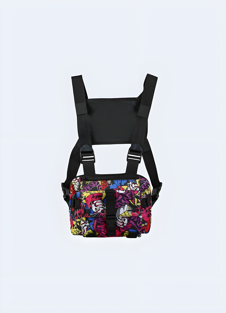 The front view highlights the bag's modern style and how it fits comfortably across the model's chest, emphasizing its fashionable and practical elements Canada.