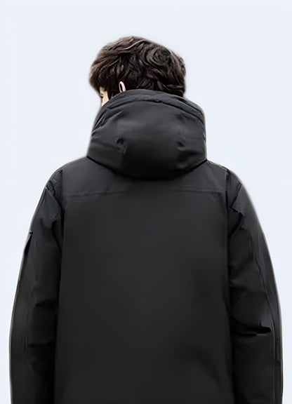 Back view of a fashionable streetwear puffer jacket, showcasing its unique design and insulating properties for cold Canadian weather.