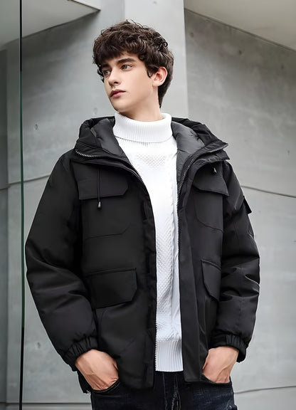 Black streetwear puffer jacket front view Canada — minimalist padded urban jacket with modern winter design.