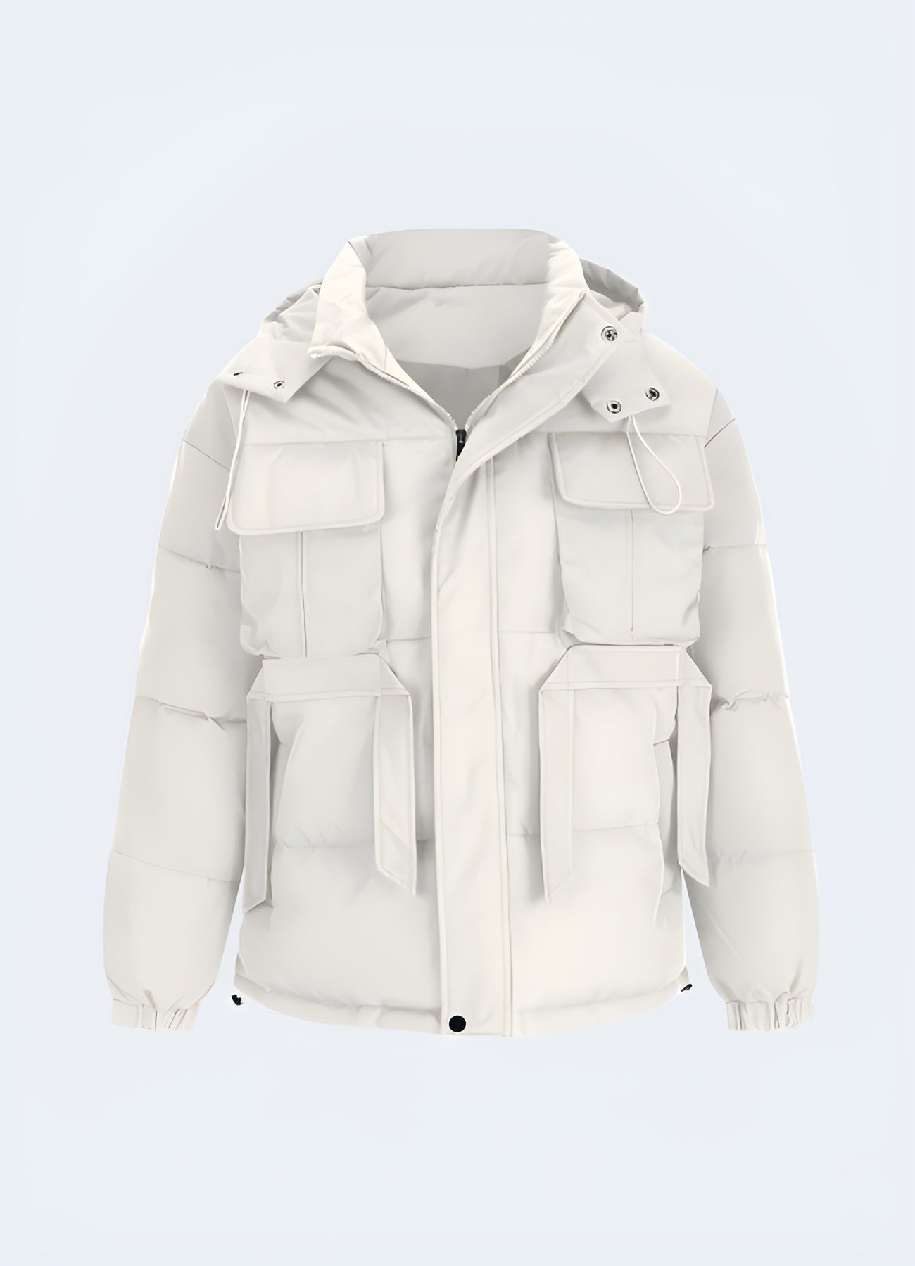 Front view of a stylish white streetwear puffer jacket, perfect for making a fashion statement while staying warm in Canada's chilly climate.