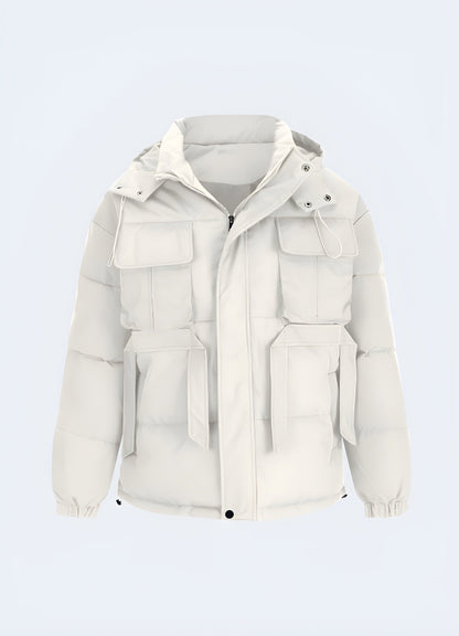 Front view of a stylish white streetwear puffer jacket, perfect for making a fashion statement while staying warm in Canada's chilly climate.