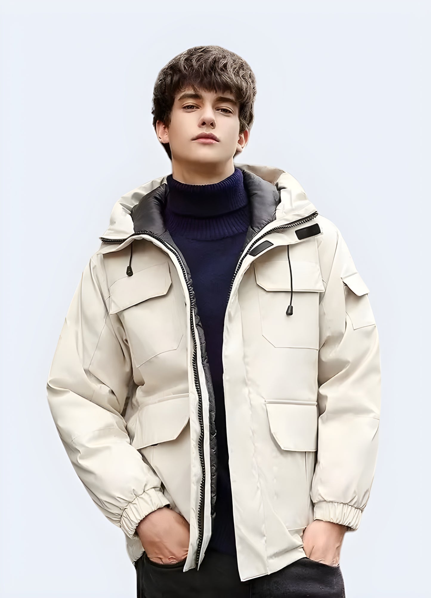 Front view of a stylish white streetwear puffer jacket, perfect for making a fashion statement while staying warm in Canada's chilly climate.