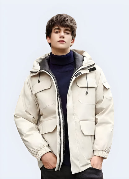 Front view of a stylish white streetwear puffer jacket, perfect for making a fashion statement while staying warm in Canada's chilly climate.