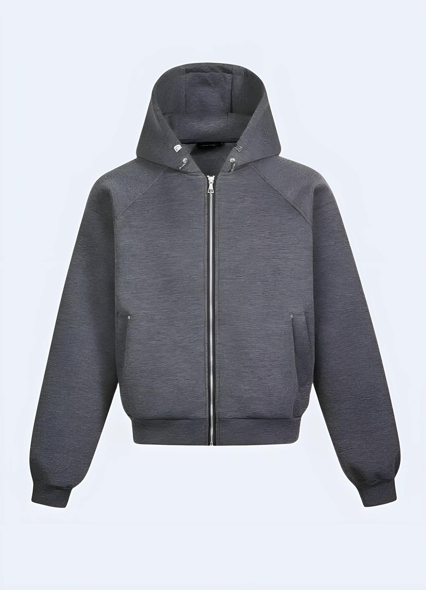 Streetwear round neck unisex zip-up hoodie in grey, front view, showcasing its sleek design and fashionable appeal in Canada.