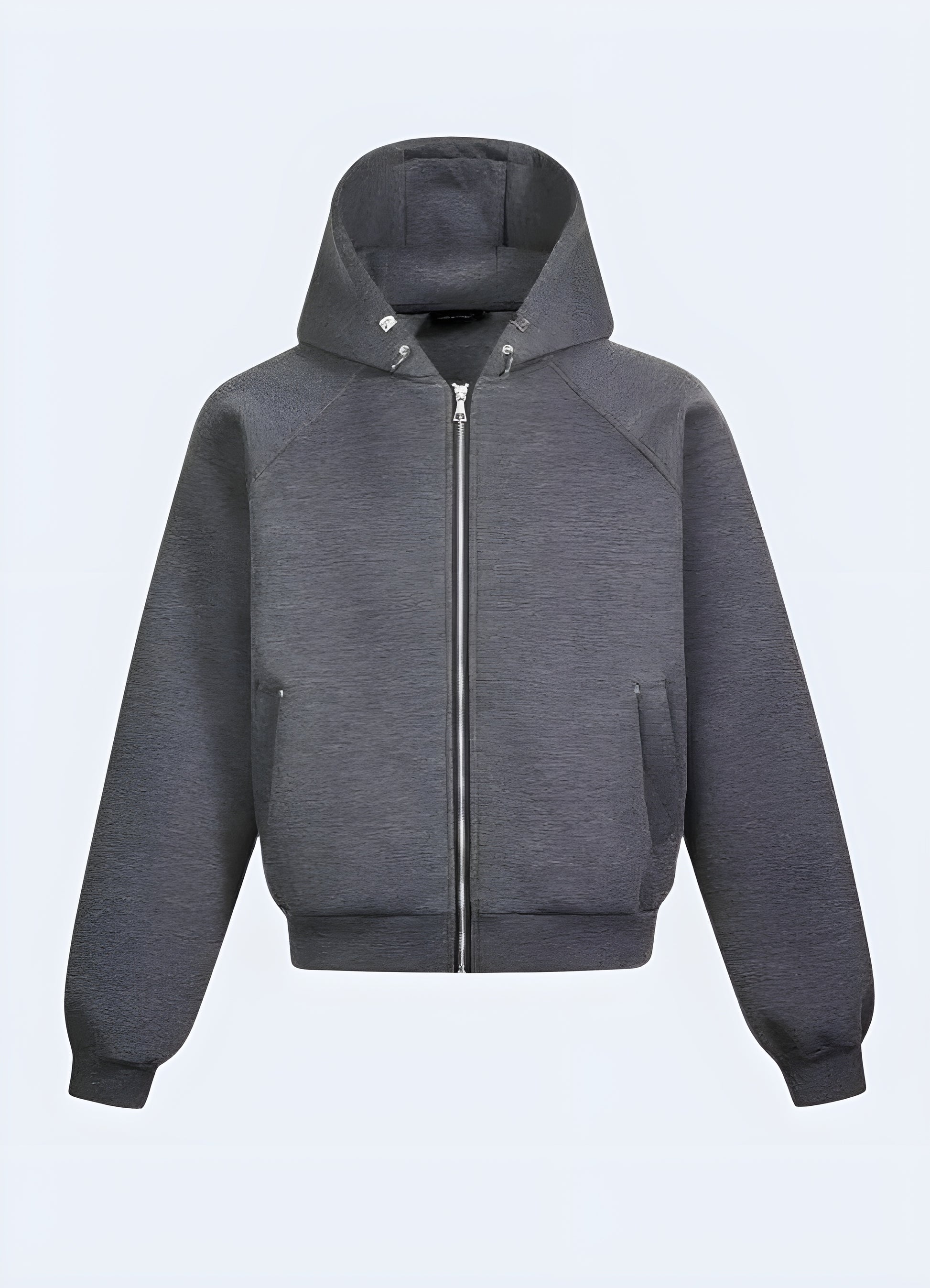 Streetwear round neck unisex zip-up hoodie in grey, front view, showcasing its sleek design and fashionable appeal in Canada.
