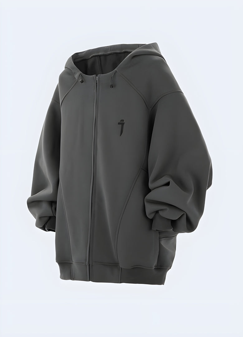 Streetwear round neck unisex zip-up hoodie in grey, front view, showcasing its sleek design and fashionable appeal in Canada.