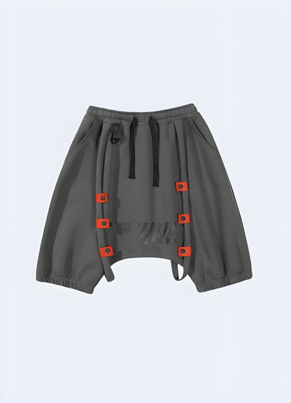 The elastic waistband and drawstrings ensure a perfect fit, as they sm front view of grey streetwear sweat shorts, featuring a classic color and modern cut, suitable for everyday wear in the.oothly encapsulate your waist Canada. 