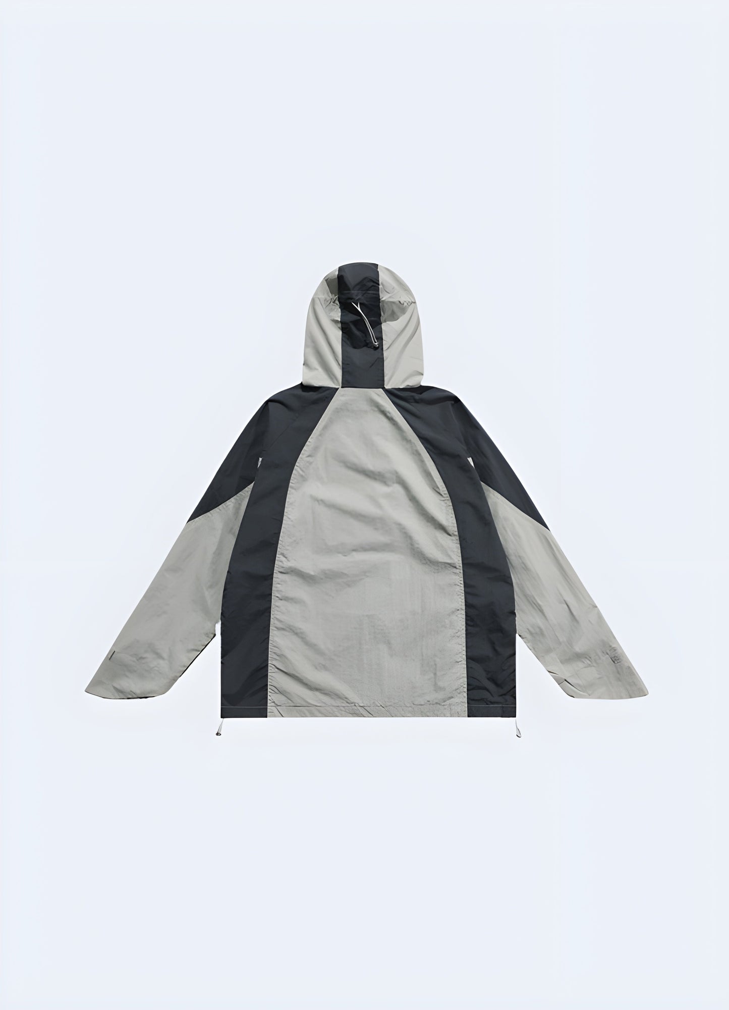 Back view of a streetwear windbreaker showcasing its modern silhouette, adjustable elements, and durable construction, perfect for providing protection against the elements while maintaining a trendy appearance in Canada's urban environments.