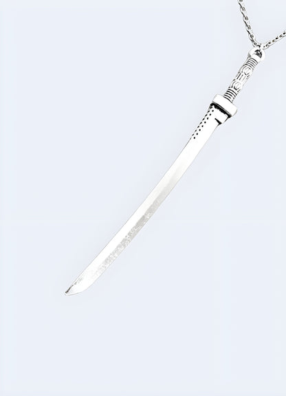 Sword necklace shown in a side view on a model, Canada, highlighting its unique and elegant design.