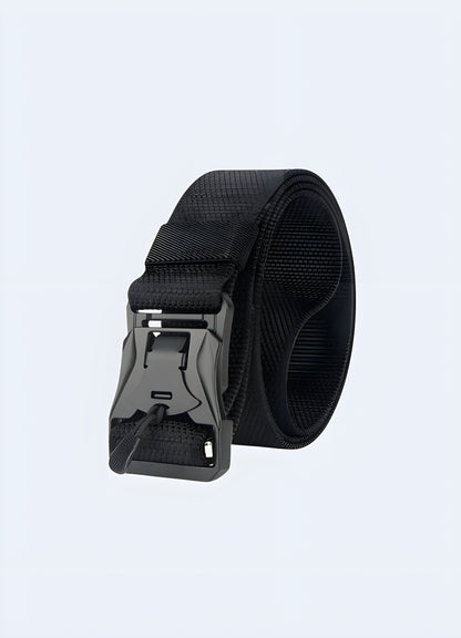 Front-side view of a tactical belt clip model, featuring a robust and functional design, inspired by Canadian outdoor gear.