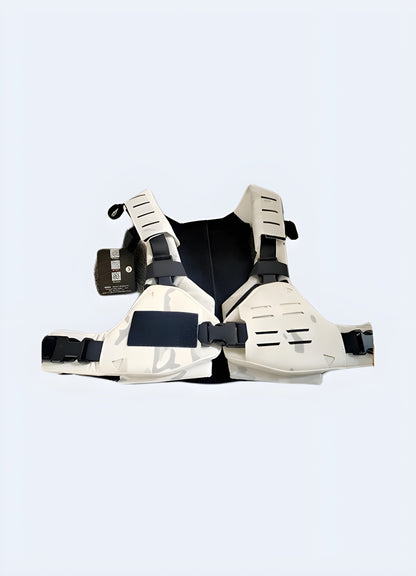 Sleek white tactical bikini vest displayed from the front, offering a fresh take on cutting-edge swimwear fashion with practical design elements.