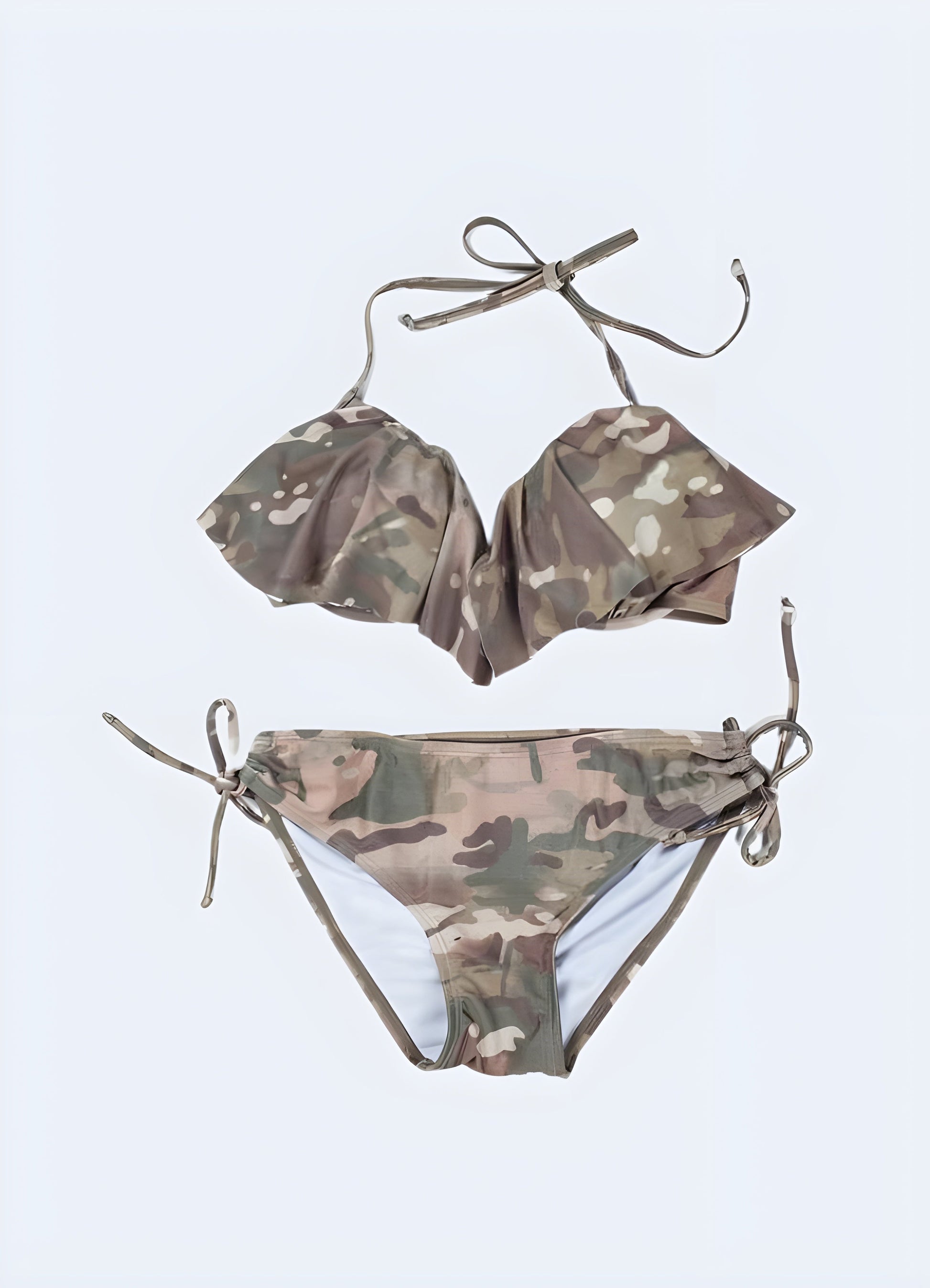 Eye-catching camouflage tactical camo bikini front view, combining bold fashion with rugged outdoor functionality for a unique swimwear statement.