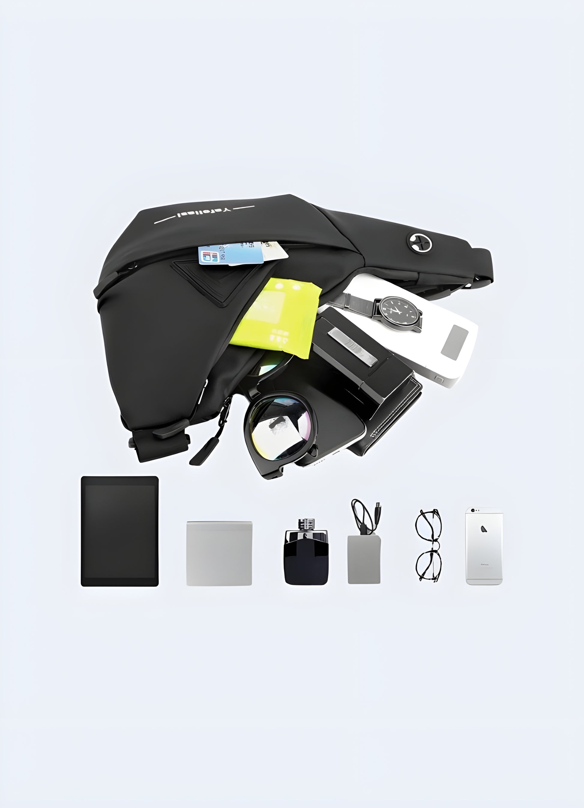 Tactical crossbody bag front view – black durable urban bag with adjustable strap, multiple compartments and techwear streetwear style, Canada