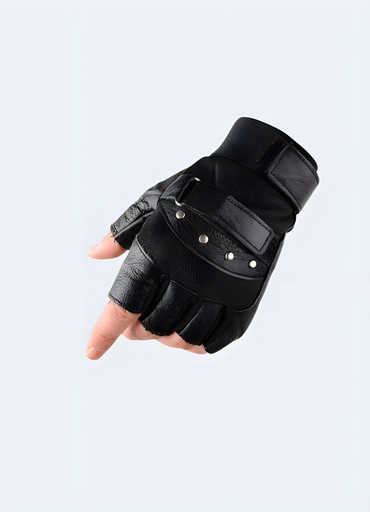 Black tactical fingerless leather gloves, front view, featuring durable leather material with reinforced padding on the palms and fingers Canada.