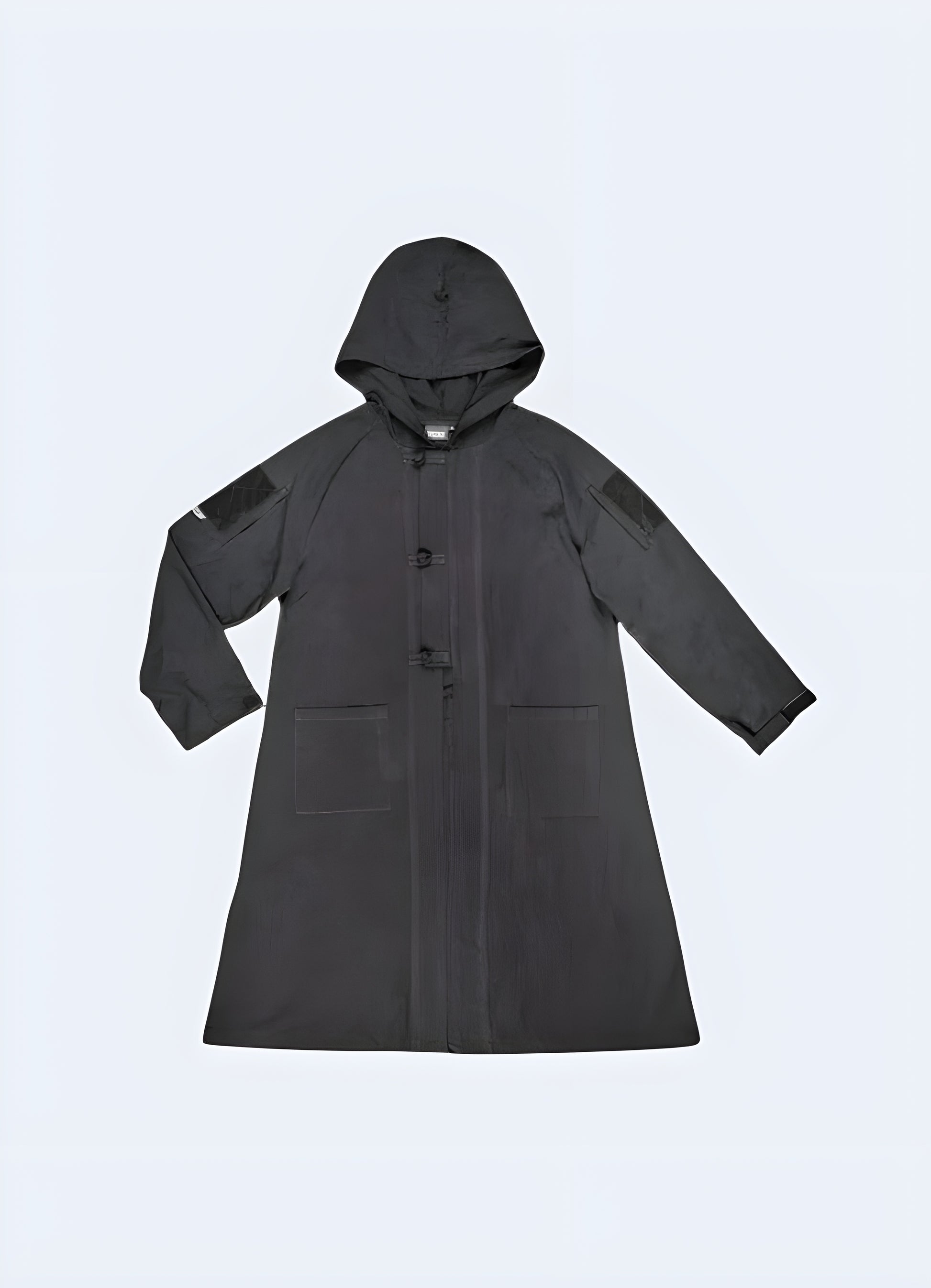 Front view of a functional and durable tactical long coat, perfect for braving the elements in Canada while maintaining a sleek and modern appearance.