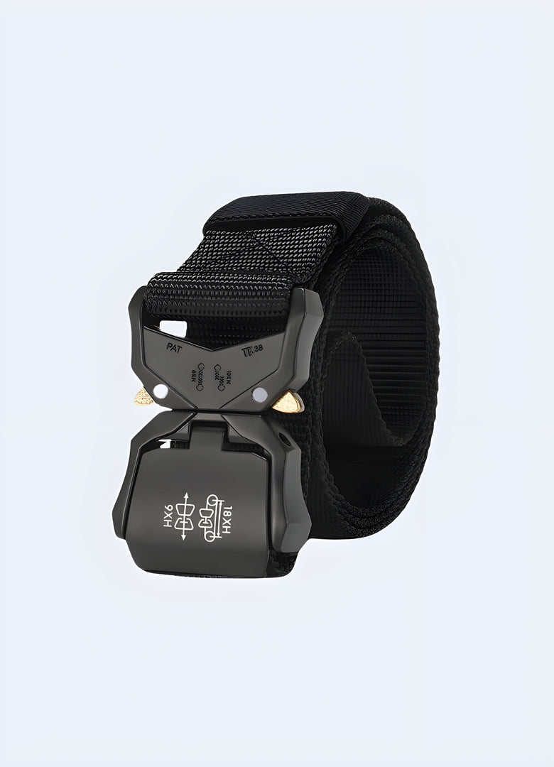 Front view of a tactical nylon belt with a camo pattern, featuring a rugged design inspired by Canadian outdoor environments.