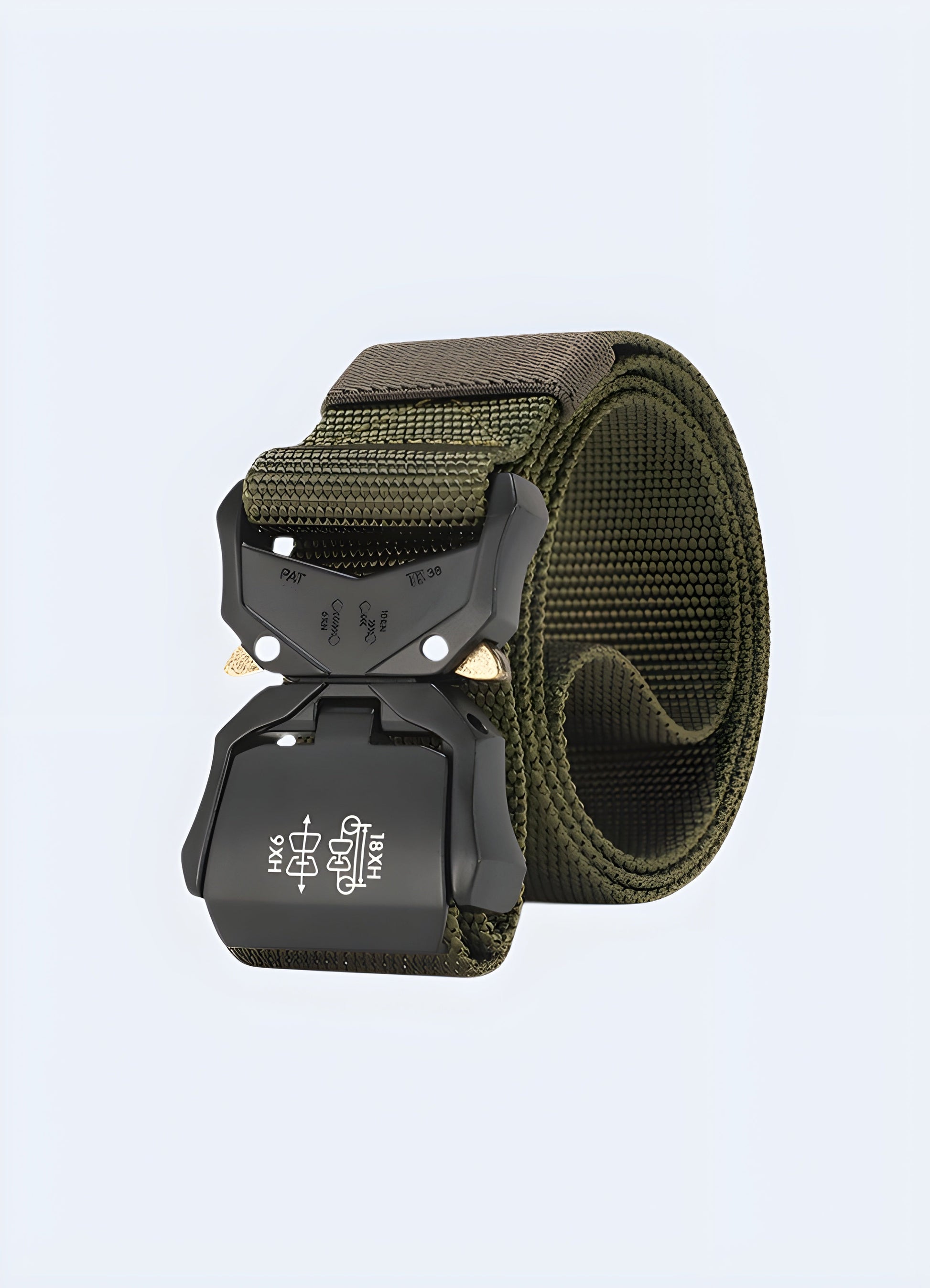 Front view of a tactical nylon belt with a camo pattern, designed with a rugged, Canadian outdoor aesthetic.