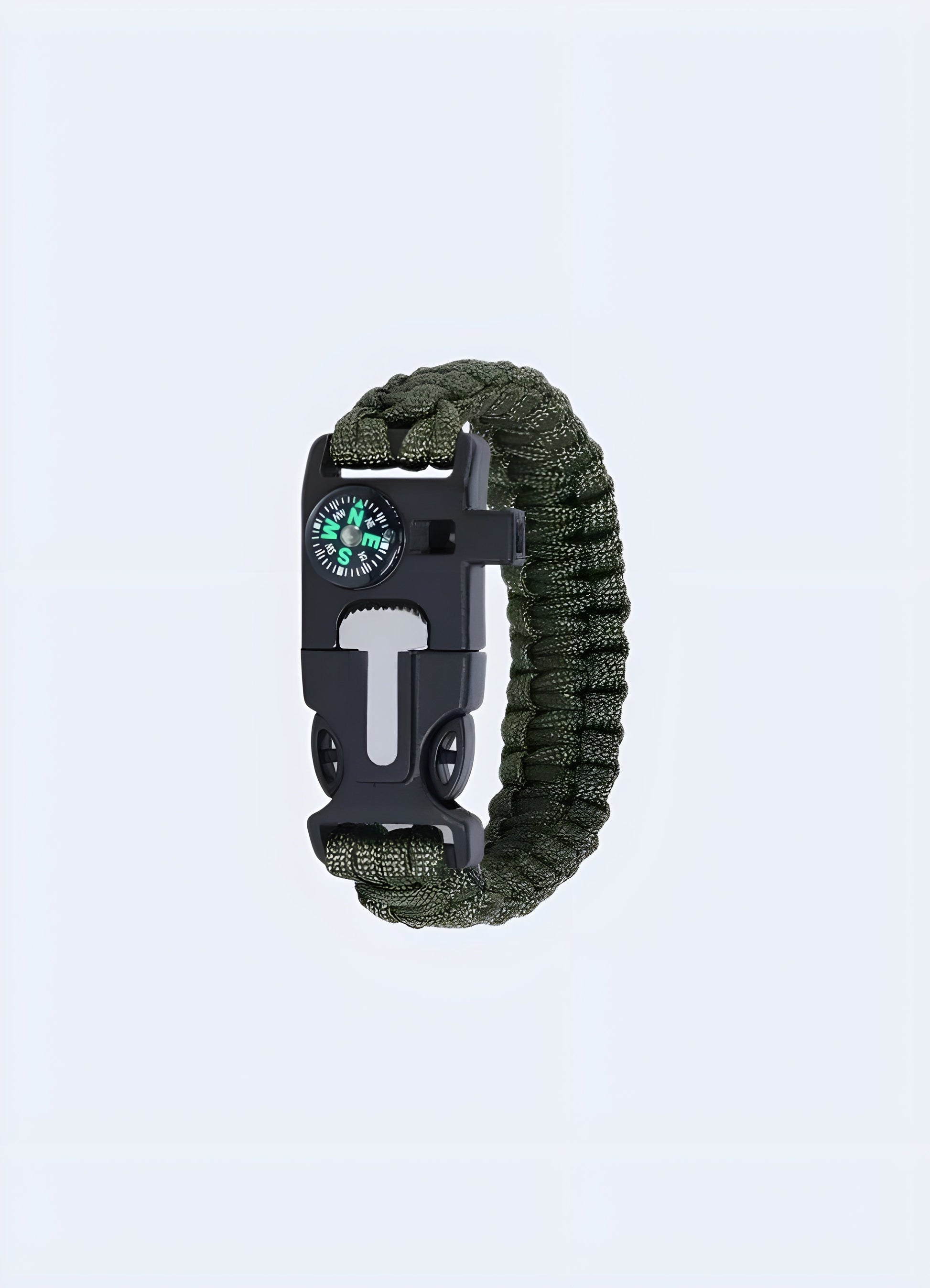 Tactical paracord bracelet 5-in-1 in army green from the Canada, featuring a multi-functional design with integrated survival tools.