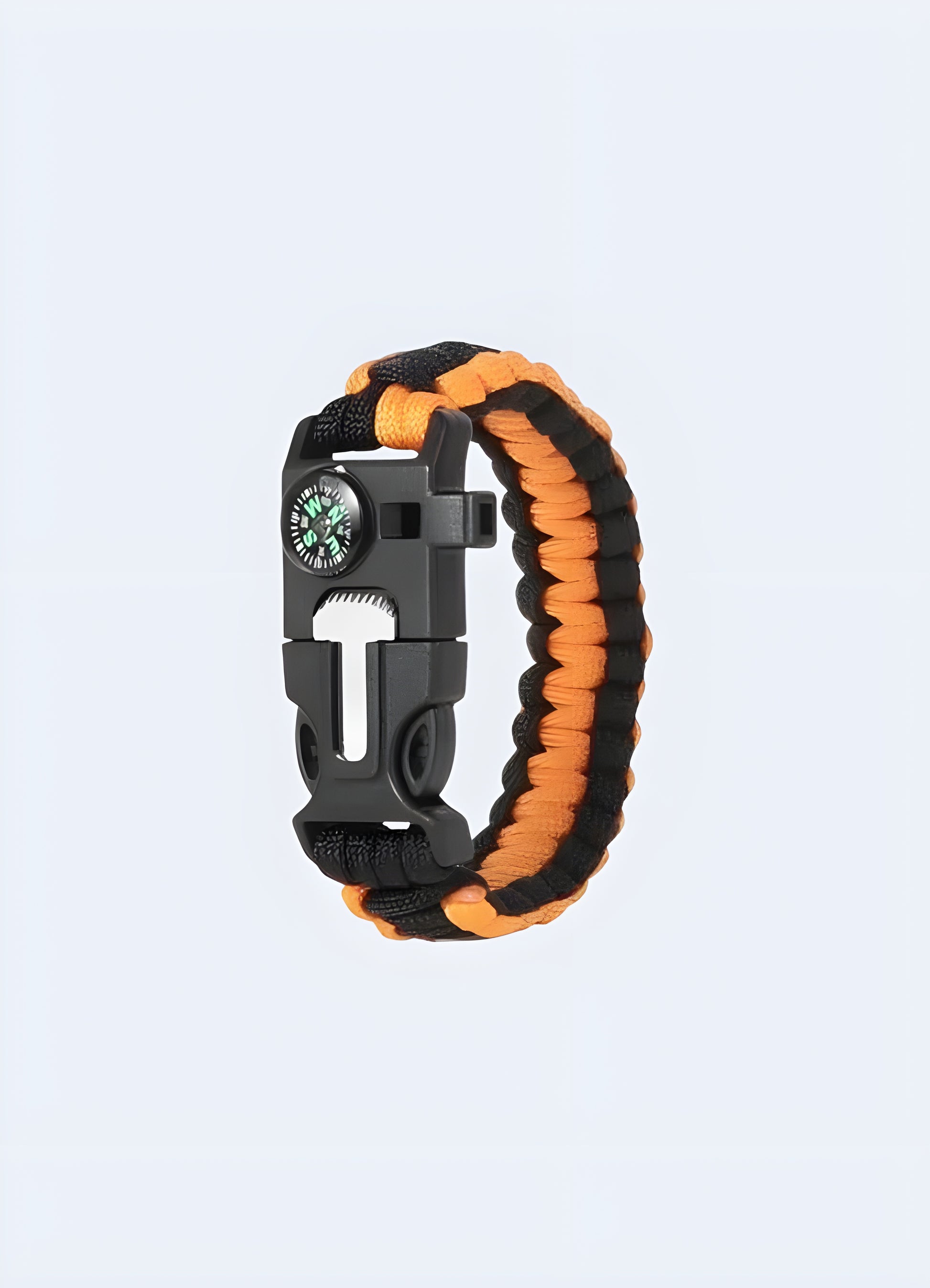 Tactical paracord bracelet 5-in-1 in orange and black from the Canada, featuring a multi-functional design with integrated survival tools.