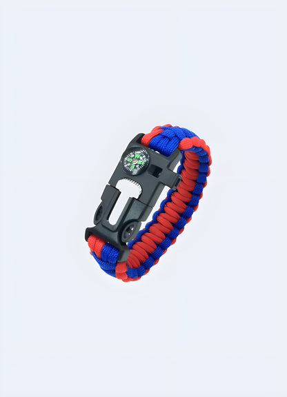 Red and blue tactical paracord bracelet, combining vibrant colors with robust functionality for the Canada market.