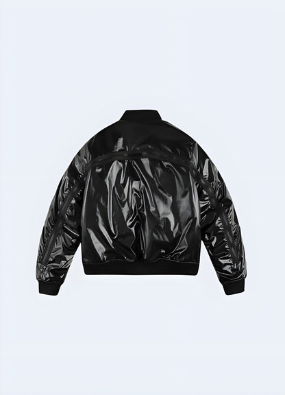 Black tactical shiny leather bomber jacket, back view, showcasing the edgy and stylish design for Canadian streetwear enthusiasts.