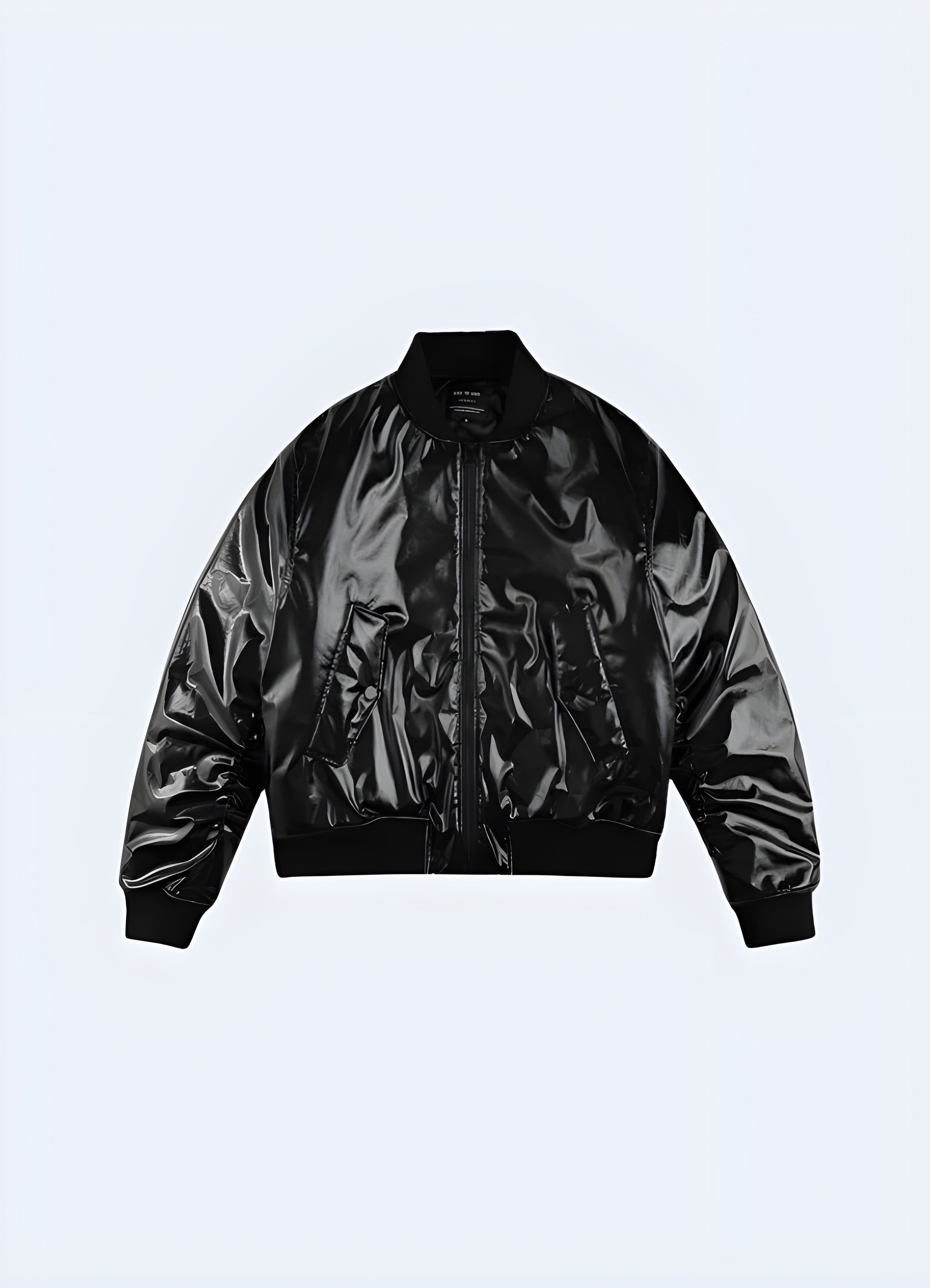 Sleek black tactical shiny leather bomber jacket, perfect for making a bold statement in Canada's urban fashion scene.