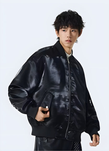 Sleek black tactical shiny leather bomber jacket, perfect for making a bold statement in Canada's urban fashion scene.