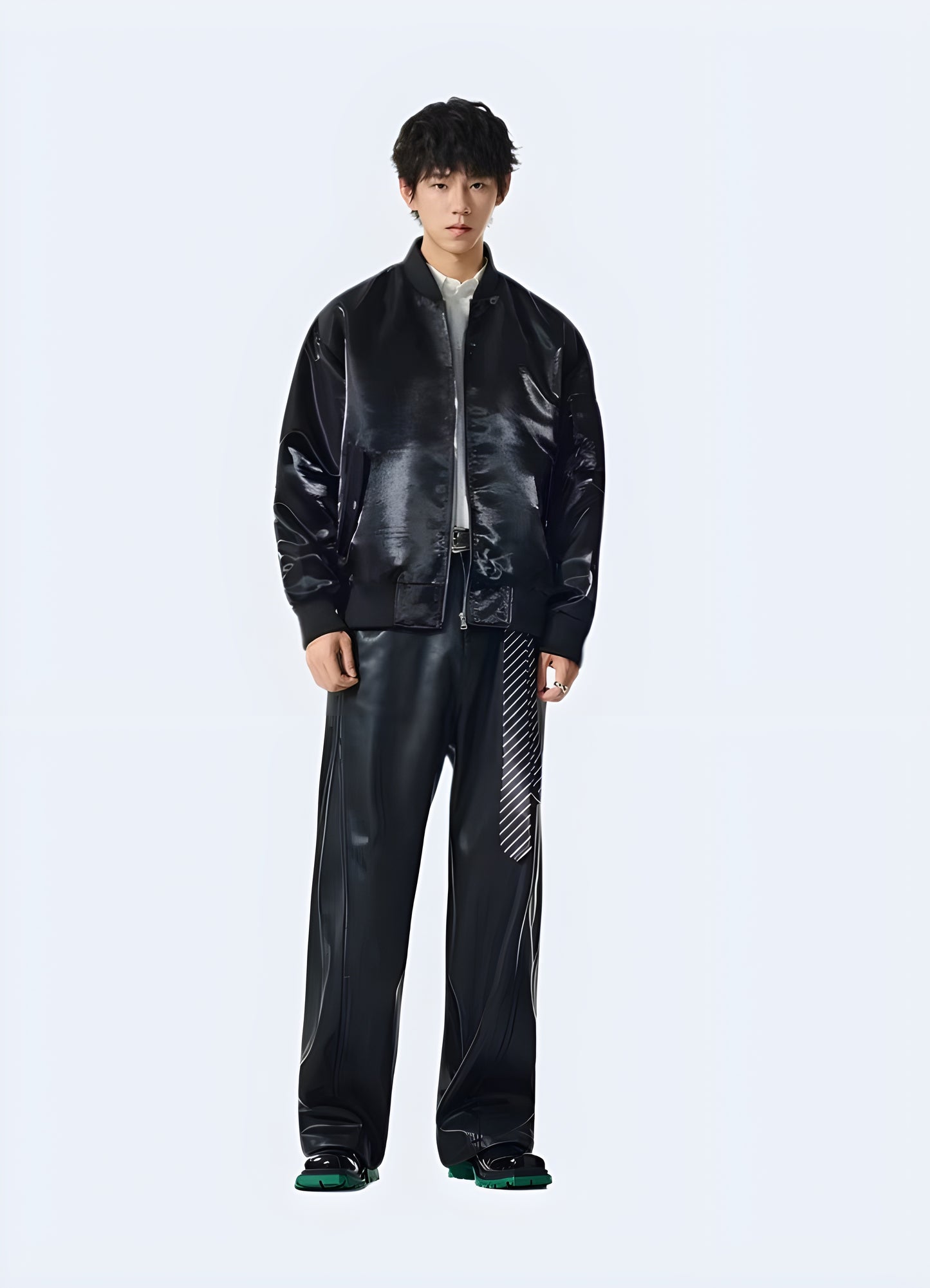 Black tactical shiny leather bomber jacket, back view, showcasing the edgy and stylish design for Canadian streetwear enthusiasts.