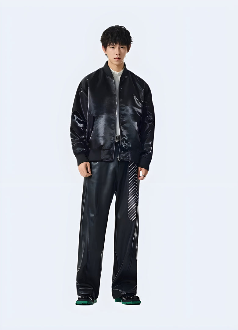 Black tactical shiny leather bomber jacket, back view, showcasing the edgy and stylish design for Canadian streetwear enthusiasts.