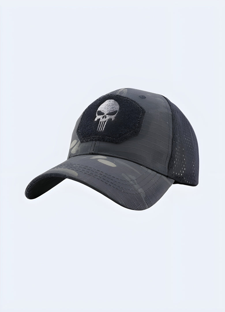 This breathable cap features a tactical skull design and fits snugly under helmets.